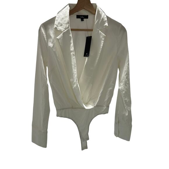 Lulu's Ivory Collard Long Sleeve Surplice Bodysuit- Women's Size Small - Picture 3 of 5